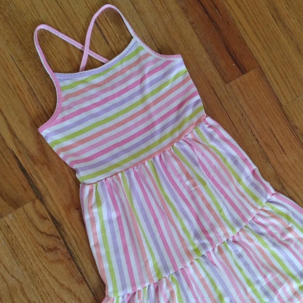 Children PlaceGirls Medium White Striped Dress Criss-cross Straps Rainbow Pastel